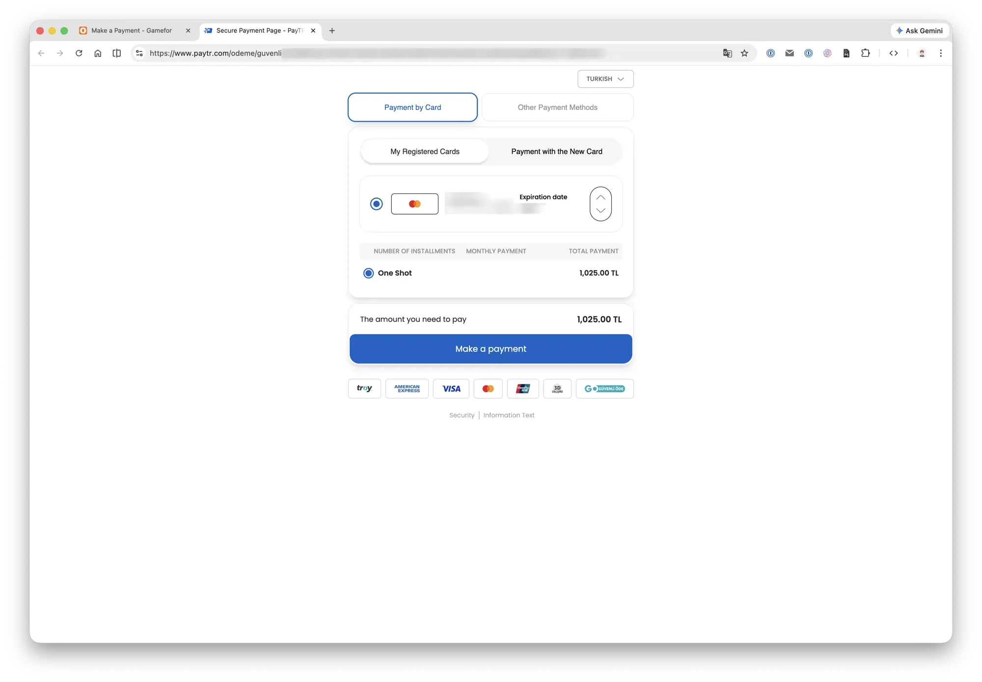 Credit card payment page